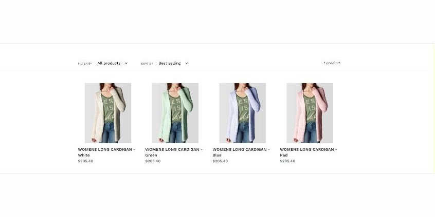 Collection page rendering each color variant as its own product tile with its own image, label, and link