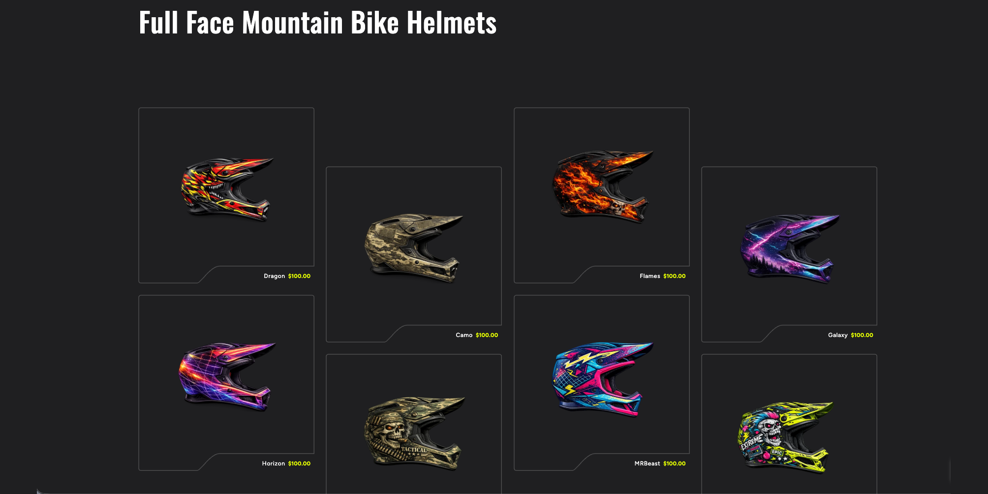 Dark collection page with staggered columns of notched product cards for full-face mountain bike helmets
