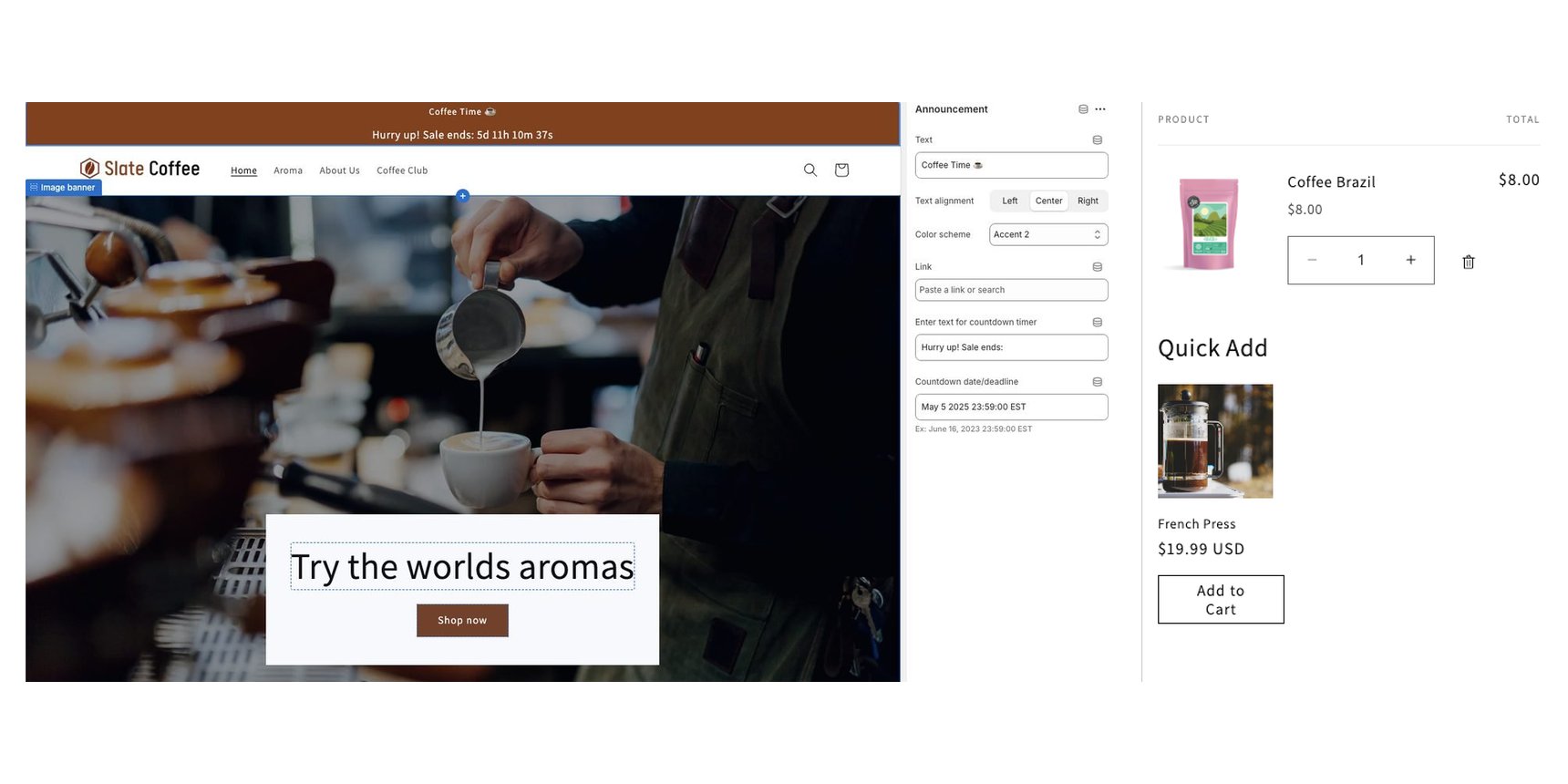 Demo store countdown timer with its theme editor controls, beside the AJAX cart drawer upsell with its quick add module