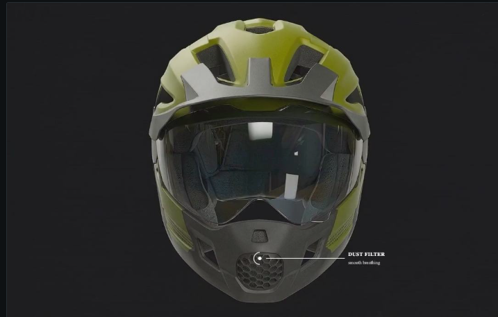 The dust filter callout rendered on the helmet frame: a ring marker, connecting rule, and label resolving on one axis