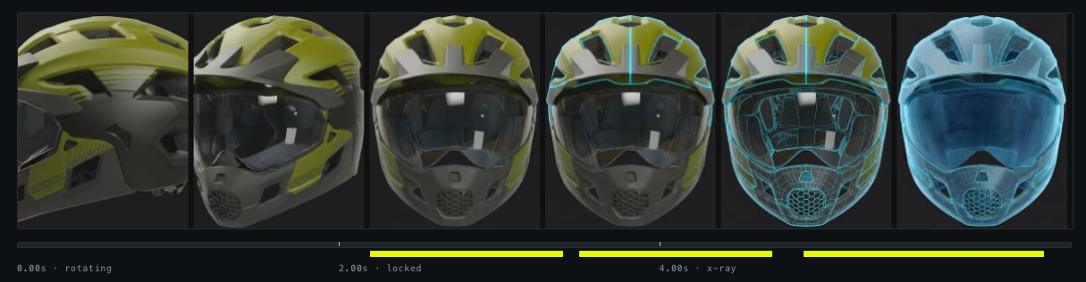 Six frames of the helmet video from rotation through locked position to x-ray view, above a scroll timeline marking tooltip windows