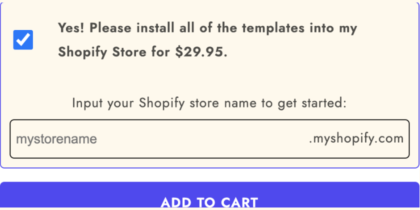 Product page upsell checkbox that adds template installation, with a required store-name field validated before add to cart