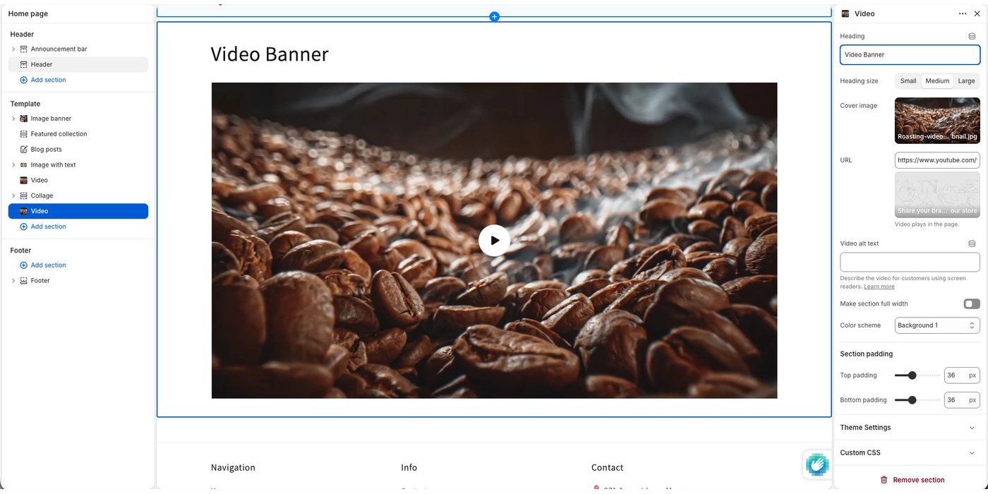 Theme editor showing the custom video banner section with its own cover image, heading, and merchant settings