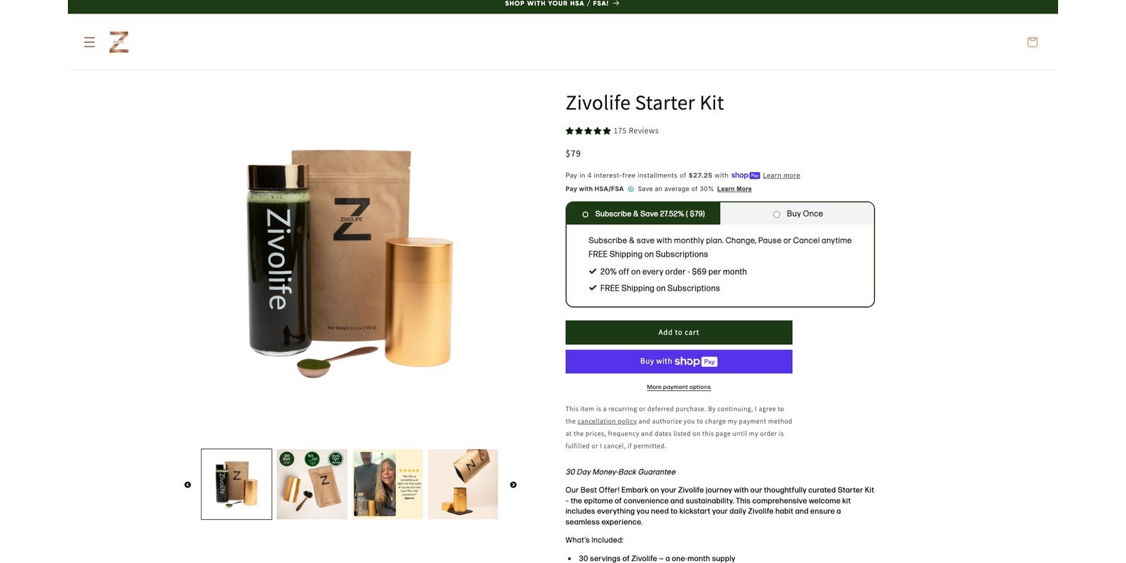 Zivolife product page with the subscription option and discounted price selected by default